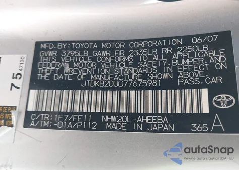 2007 Toyota Prius from USA, damaged, VIN JTDKB20U077675981